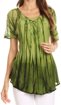 Sakkas Siri Ombre Tie Dye Embroidered Sheer Cap Sleeve Relaxed Fit Tunic Top#color_4-Green