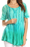 Sakkas Siri Ombre Tie Dye Embroidered Sheer Cap Sleeve Relaxed Fit Tunic Top#color_6-Aqua