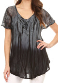 Sakkas Siri Ombre Tie Dye Embroidered Sheer Cap Sleeve Relaxed Fit Tunic Top#color_8-Grey