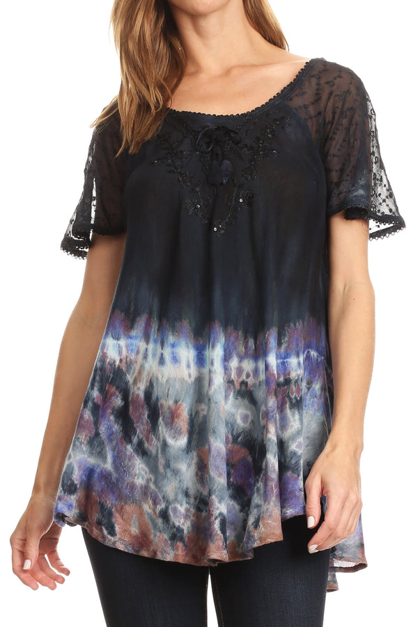 Sakkas Clarice Petite Raglan Lace Up Tie Dye Blouse with Embroidery and Sequins#color_Black