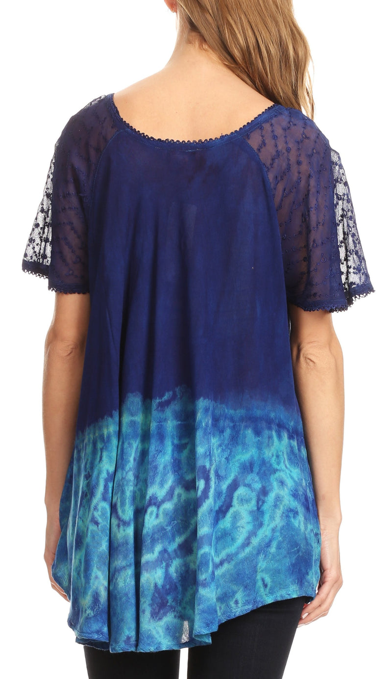 Sakkas Clarice Petite Raglan Lace Up Tie Dye Blouse with Embroidery and Sequins