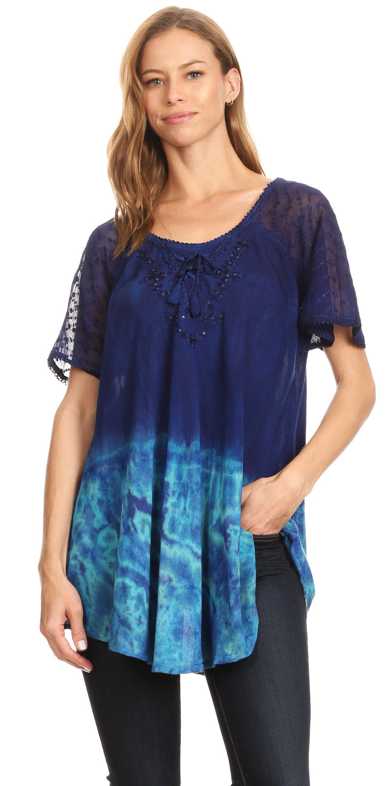 Sakkas Clarice Petite Raglan Lace Up Tie Dye Blouse with Embroidery and Sequins