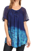 Sakkas Clarice Petite Raglan Lace Up Tie Dye Blouse with Embroidery and Sequins#color_Blue 