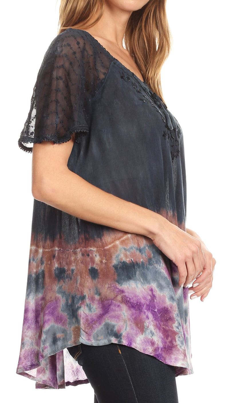 Sakkas Clarice Petite Raglan Lace Up Tie Dye Blouse with Embroidery and Sequins