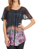 Sakkas Clarice Petite Raglan Lace Up Tie Dye Blouse with Embroidery and Sequins#color_Navy 