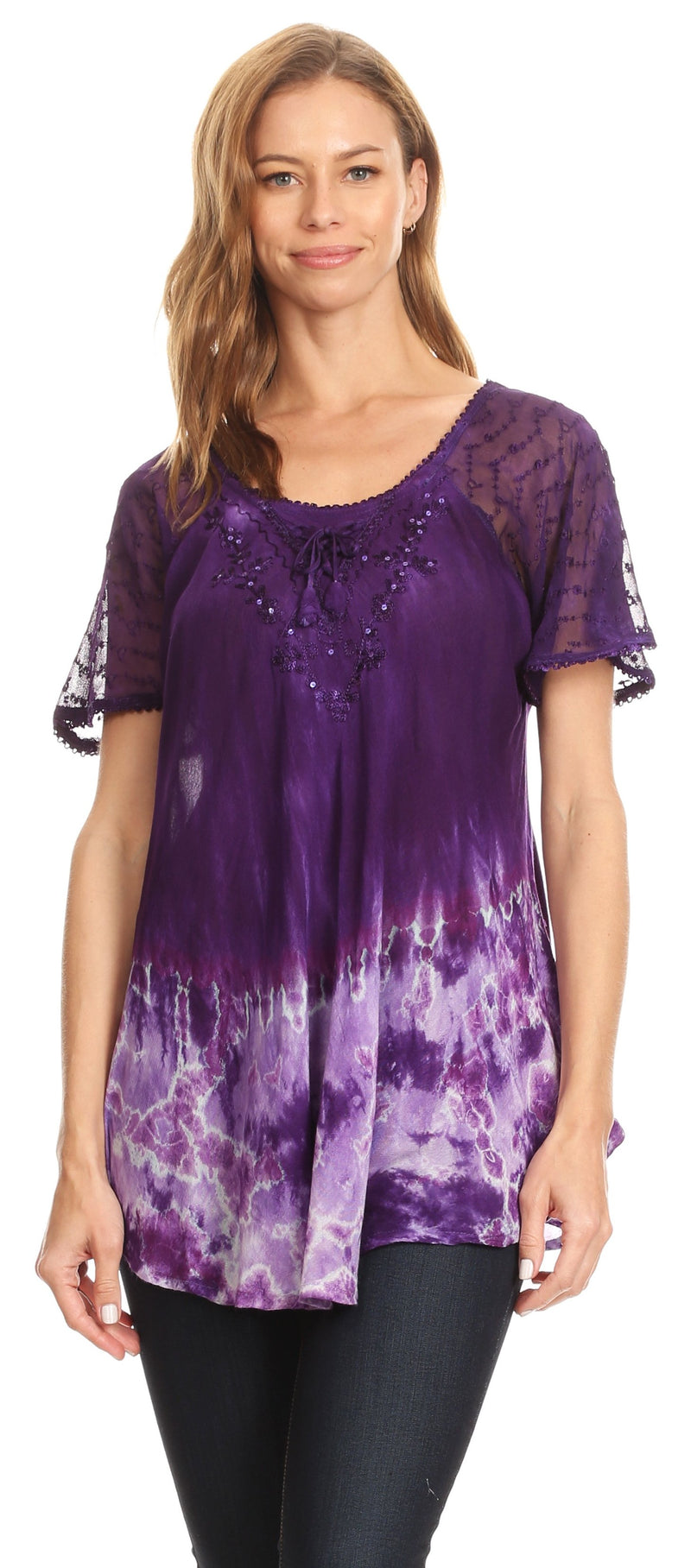 Sakkas Clarice Petite Raglan Lace Up Tie Dye Blouse with Embroidery and Sequins
