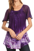 Sakkas Clarice Petite Raglan Lace Up Tie Dye Blouse with Embroidery and Sequins#color_Purple 