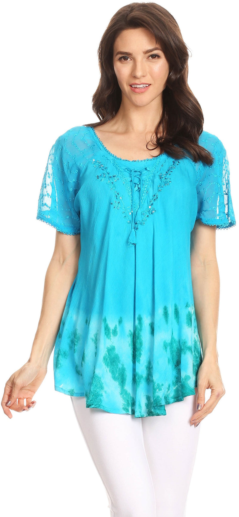 Sakkas Clarice Petite Raglan Lace Up Tie Dye Blouse with Embroidery and Sequins