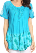 Sakkas Clarice Petite Raglan Lace Up Tie Dye Blouse with Embroidery and Sequins#color_Turquoise 