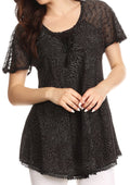 Sakkas Terhas Relaxed Fit Animal Print Crepe Sleeve Drawstring Blouse | Cover Up#color_Black
