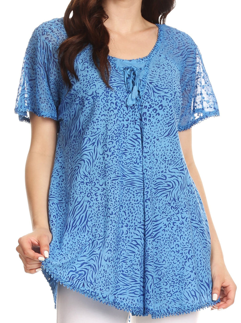Sakkas Terhas Relaxed Fit Animal Print Crepe Sleeve Drawstring Blouse | Cover Up