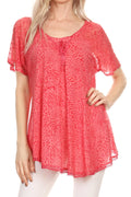 Sakkas Terhas Relaxed Fit Animal Print Crepe Sleeve Drawstring Blouse | Cover Up#color_Coral