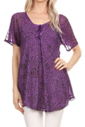 Sakkas Terhas Relaxed Fit Animal Print Crepe Sleeve Drawstring Blouse | Cover Up#color_Purple