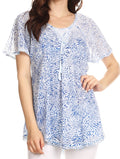 Sakkas Terhas Relaxed Fit Animal Print Crepe Sleeve Drawstring Blouse | Cover Up#color_White/Blue