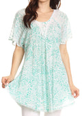 Sakkas Terhas Relaxed Fit Animal Print Crepe Sleeve Drawstring Blouse | Cover Up#color_White/Green