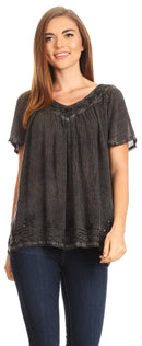 Sakkas Emma Crinkle V-neck Short Sleeve Top Blouse with Embroidery and Sequin