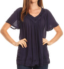 Sakkas Emma Crinkle V-neck Short Sleeve Top Blouse with Embroidery and Sequin