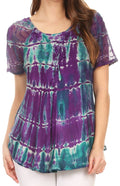 Sakkas Isayan Multi Color Embellished Tie Dye Sheer Cap Sleeve Tunic Top#color_2-Purple/Teal