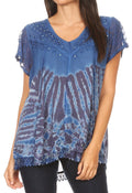 Sakkas Josea Relaxed Fit Tie Dye Embroidered Crepe Cap Sleeve Blouse | Cover Up#color_19777-BlueGrey