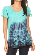Sakkas Josea Relaxed Fit Tie Dye Embroidered Crepe Cap Sleeve Blouse | Cover Up#color_19777-MintGrey