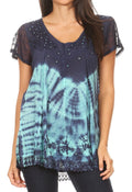 Sakkas Josea Relaxed Fit Tie Dye Embroidered Crepe Cap Sleeve Blouse | Cover Up#color_19777-NavyMint