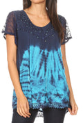 Sakkas Josea Relaxed Fit Tie Dye Embroidered Crepe Cap Sleeve Blouse | Cover Up#color_19777-NavyTurquoise