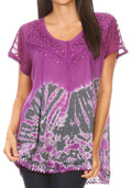 Sakkas Josea Relaxed Fit Tie Dye Embroidered Crepe Cap Sleeve Blouse | Cover Up#color_19777-PurpleGrey