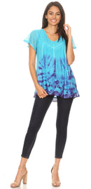 Sakkas Josea Relaxed Fit Tie Dye Embroidered Crepe Cap Sleeve Blouse | Cover Up