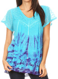 Sakkas Josea Relaxed Fit Tie Dye Embroidered Crepe Cap Sleeve Blouse | Cover Up#color_19777-TurquoisePurple