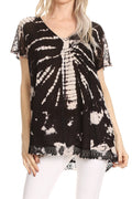Sakkas Josea Relaxed Fit Tie Dye Embroidered Crepe Cap Sleeve Blouse | Cover Up#color_Black