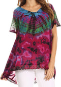 Sakkas Josea Relaxed Fit Tie Dye Embroidered Crepe Cap Sleeve Blouse | Cover Up#color_Blue/Fuchsia