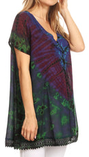 Sakkas Josea Relaxed Fit Tie Dye Embroidered Crepe Cap Sleeve Blouse | Cover Up