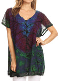 Sakkas Josea Relaxed Fit Tie Dye Embroidered Crepe Cap Sleeve Blouse | Cover Up#color_Blue