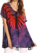 Sakkas Josea Relaxed Fit Tie Dye Embroidered Crepe Cap Sleeve Blouse | Cover Up#color_Fuchsia/Pink