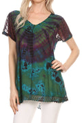 Sakkas Josea Relaxed Fit Tie Dye Embroidered Crepe Cap Sleeve Blouse | Cover Up#color_Green