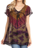 Sakkas Josea Relaxed Fit Tie Dye Embroidered Crepe Cap Sleeve Blouse | Cover Up#color_Olive
