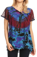 Sakkas Josea Relaxed Fit Tie Dye Embroidered Crepe Cap Sleeve Blouse | Cover Up#color_Purple