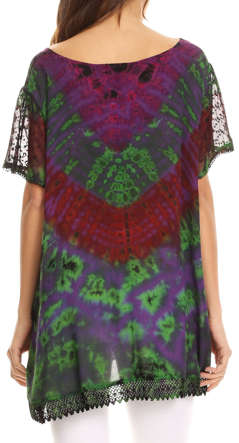 Sakkas Josea Relaxed Fit Tie Dye Embroidered Crepe Cap Sleeve Blouse | Cover Up