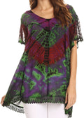 Sakkas Josea Relaxed Fit Tie Dye Embroidered Crepe Cap Sleeve Blouse | Cover Up#color_Purple/Green