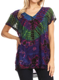 Sakkas Josea Relaxed Fit Tie Dye Embroidered Crepe Cap Sleeve Blouse | Cover Up#color_Raspberry