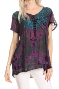Sakkas Josea Relaxed Fit Tie Dye Embroidered Crepe Cap Sleeve Blouse | Cover Up#color_Teal