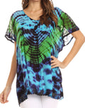 Sakkas Josea Relaxed Fit Tie Dye Embroidered Crepe Cap Sleeve Blouse | Cover Up#color_Turquoise