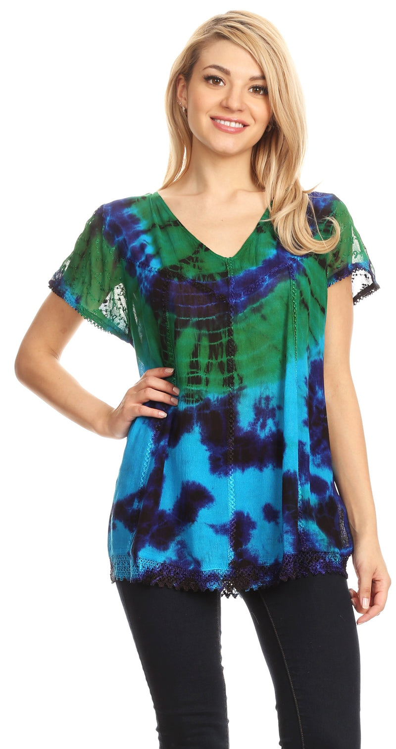 Sakkas Josea Relaxed Fit Tie Dye Embroidered Crepe Cap Sleeve Blouse | Cover Up