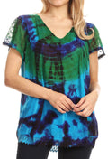Sakkas Josea Relaxed Fit Tie Dye Embroidered Crepe Cap Sleeve Blouse | Cover Up#color_Turquoise/Green
