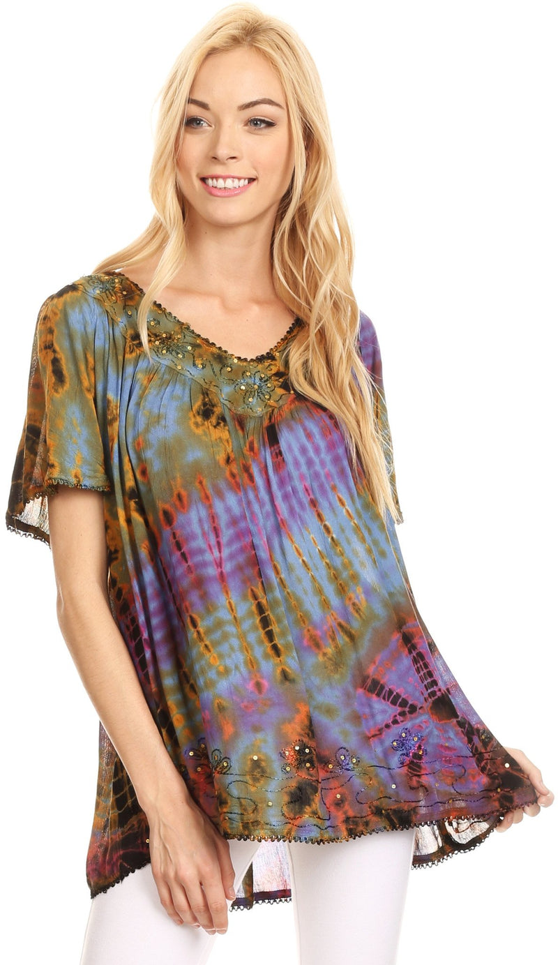 Sakkas Soraya Tie-Dye Scoop Neck Short Sleeve Embroidered Tunic Relaxed Fit Top