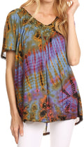 Sakkas Soraya Tie-Dye Scoop Neck Short Sleeve Embroidered Tunic Relaxed Fit Top#color_Multi