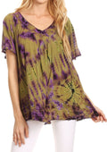 Sakkas Soraya Tie-Dye Scoop Neck Short Sleeve Embroidered Tunic Relaxed Fit Top#color_Olive