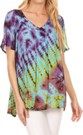 Sakkas Soraya Tie-Dye Scoop Neck Short Sleeve Embroidered Tunic Relaxed Fit Top#color_Purple / Turquoise