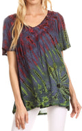Sakkas Soraya Tie-Dye Scoop Neck Short Sleeve Embroidered Tunic Relaxed Fit Top#color_Raspberry
