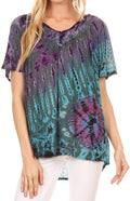 Sakkas Soraya Tie-Dye Scoop Neck Short Sleeve Embroidered Tunic Relaxed Fit Top#color_Teal